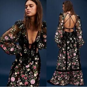 FOR LOVE AND LEMONS Black Pink Luna Embroidered Floral Mesh Maxi Dress sz XXS